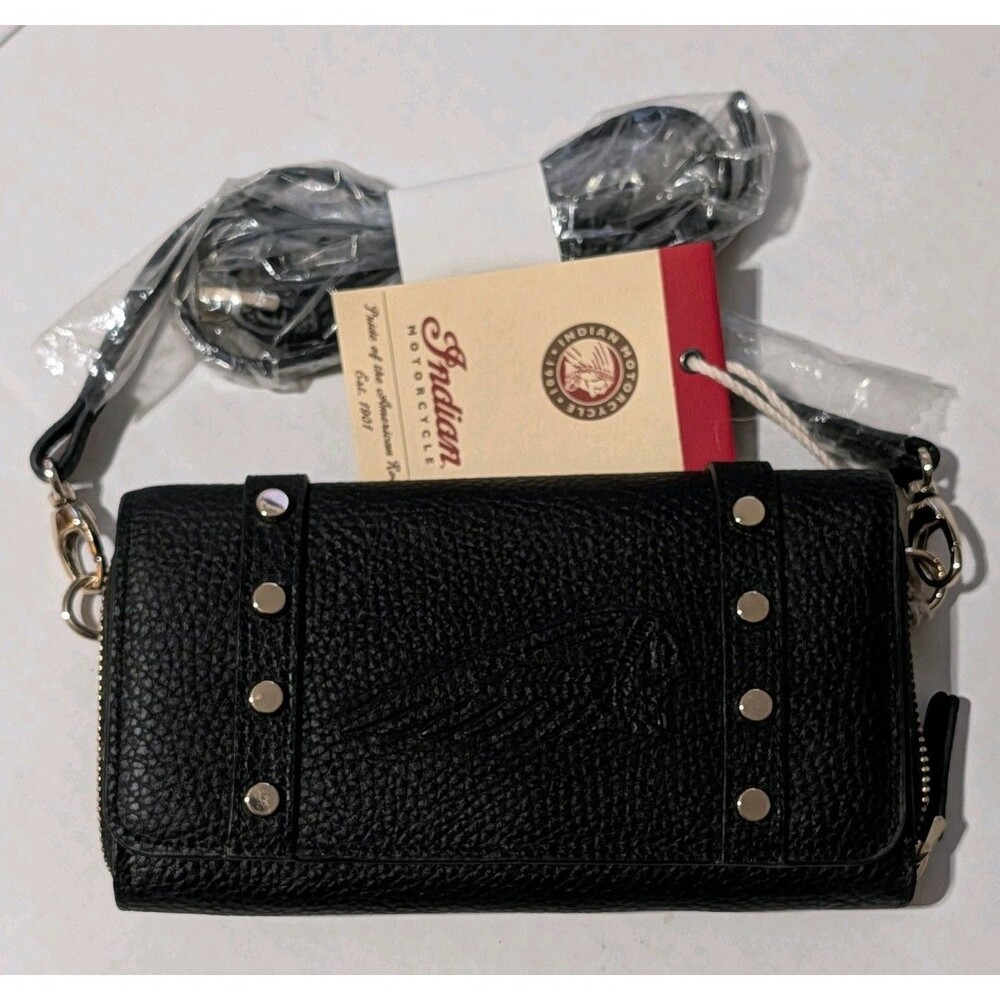 Indian Motorcycle Crossbody Wallet Purse Black Pebbled Leather Studded 2861345